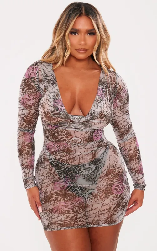  Shape Brown Animal Printed Mesh Sheer Cowl Neck Long Sleeve Bodycon sold by Pretty Little Thing