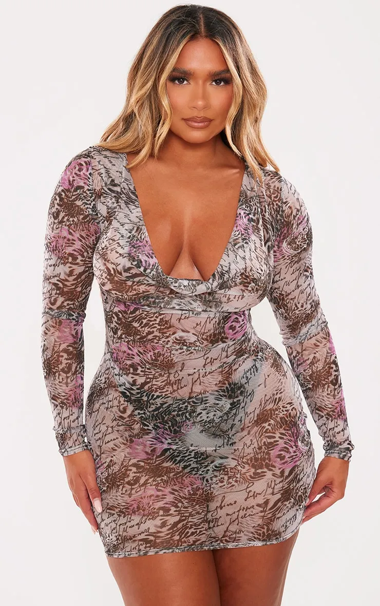 Shape Brown Animal Printed Mesh Sheer Cowl Neck Long Sleeve Bodycon sold by Pretty Little Thing