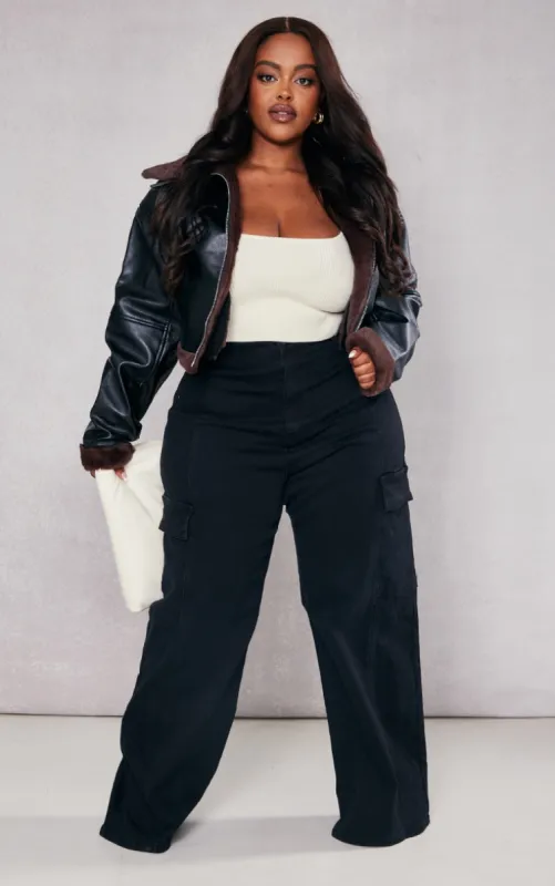  Plus Black Cargo Wide Leg Jeans sold by Pretty Little Thing