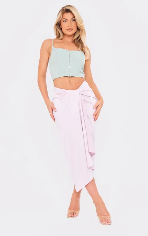 Lilac Woven Open Drape Front Midi Skirt sold by Pretty Little Thing