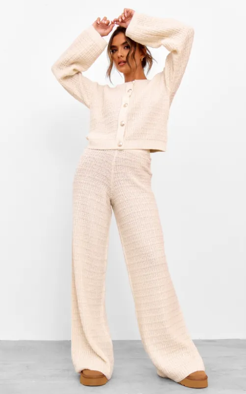 Cream Boucle Knit Wide Leg Trousers sold by Pretty Little Thing