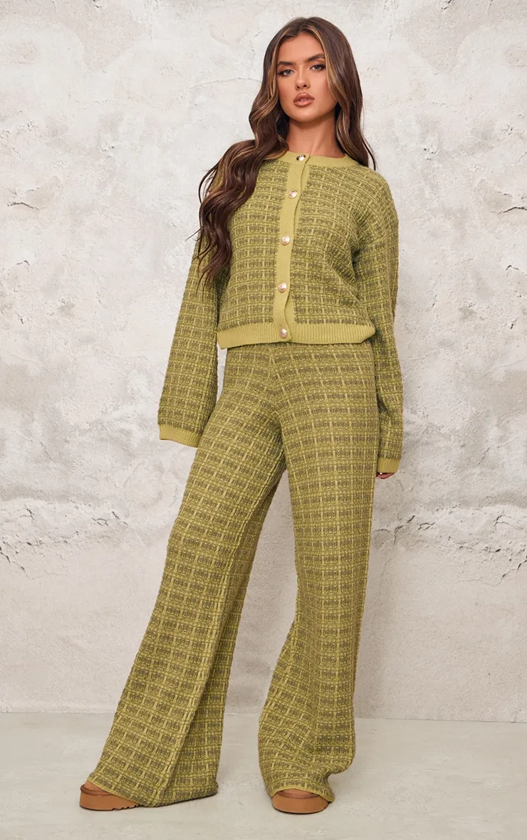 Olive Boucle Knit Wide Leg Trousers sold by Pretty Little Thing