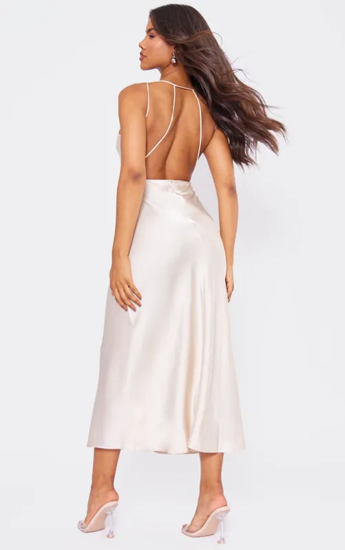 Champagne Satin V Neck Slip Dress sold by Pretty Little Thing
