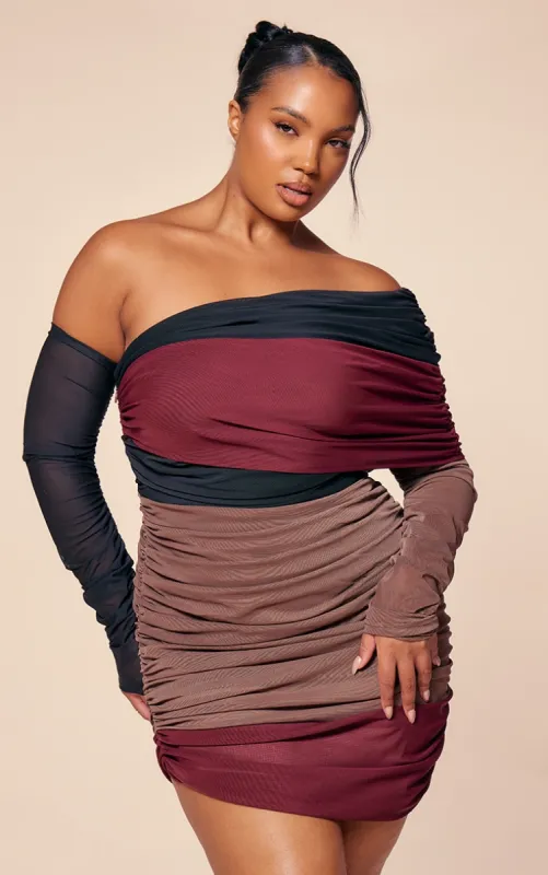 PLT Label Plus Burgundy Bandage Mesh Panel Ruched Asymmetrical Bodycon Dress sold by Pretty Little Thing