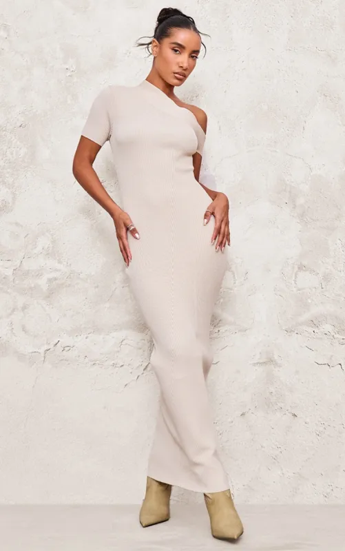 Oatmeal Rib Knit Asymmetric Neck Ruched Side Maxi Dress made by Pretty Little Thing