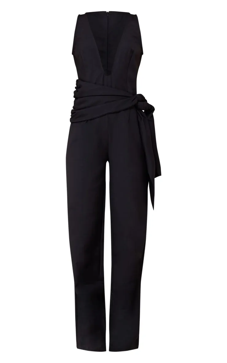Black Tailored Woven Plunge Wrap Belt Jumpsuit sold by Pretty Little Thing product image thumbnail 5