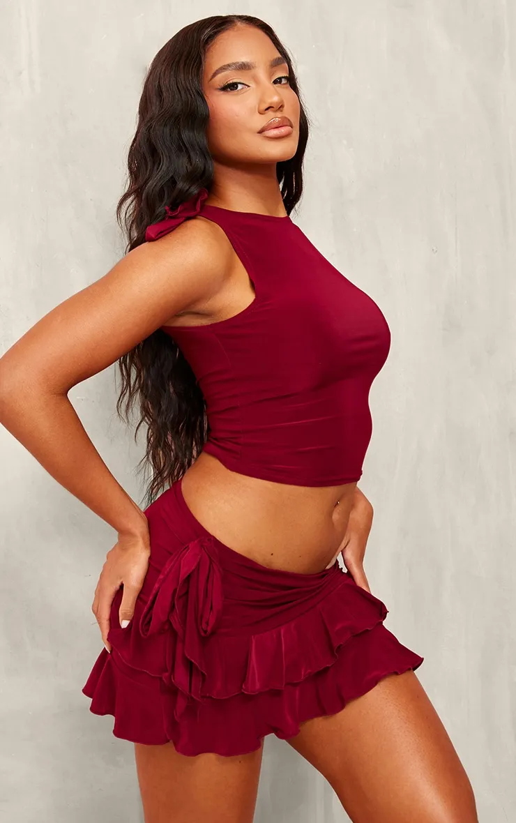 Burgundy Slinky Ruffle Mini Skirt sold by Pretty Little Thing product image thumbnail 4