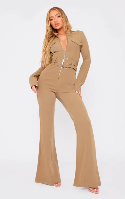  Camel Zip Up Belted Tailored Cargo Jumpsuit made by Pretty Little Thing