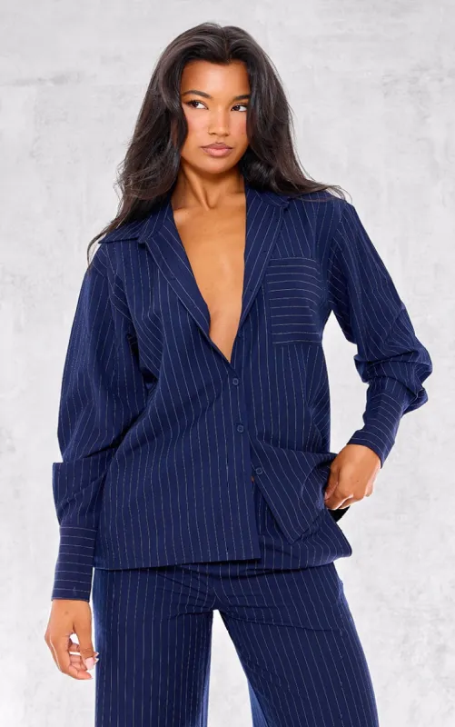 Navy Woven Pinstripe Oversized Shirt made by Pretty Little Thing