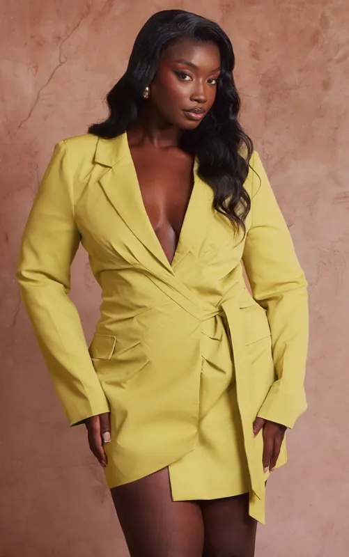  Plus Chartreuse Plunge Tie Side Blazer Dress sold by Pretty Little Thing