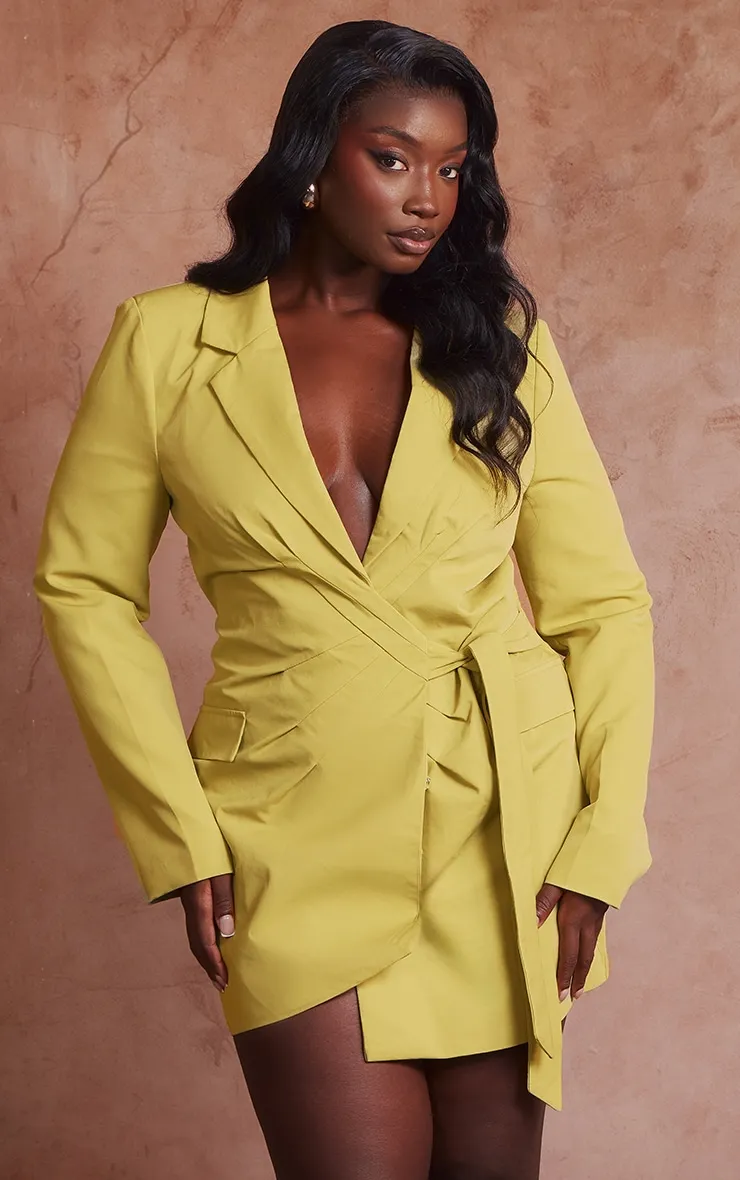 Plus Chartreuse Plunge Tie Side Blazer Dress sold by Pretty Little Thing