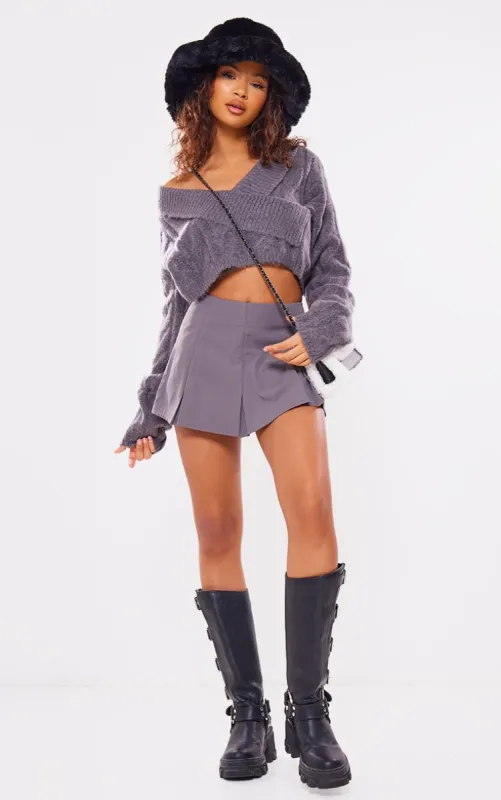 Grey Tailored Woven Box Pleat Skater Skort sold by Pretty Little Thing