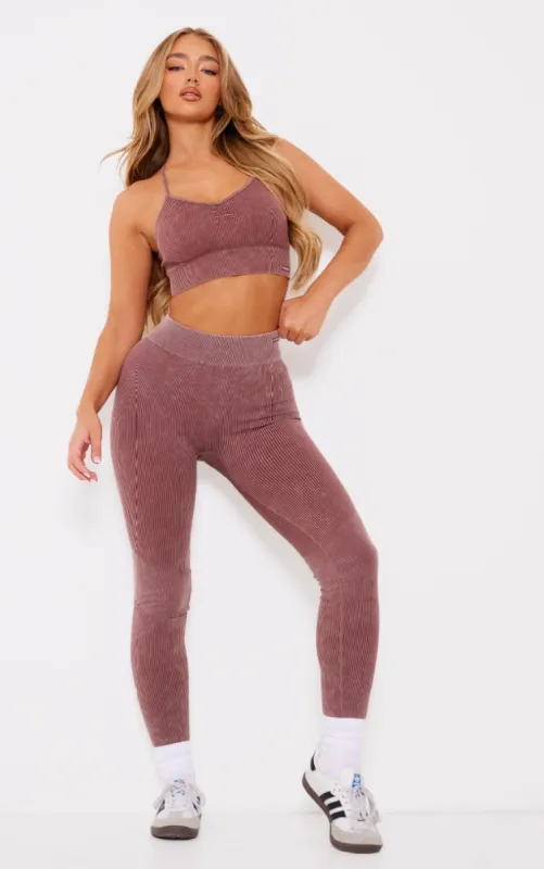 PLT SPORT Deep Brown Acid Wash Seamless Rib High Waist Gym Leggings made by Pretty Little Thing