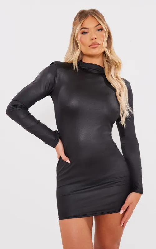 Black Shiny Long Sleeve High Neck Mini Dress sold by Pretty Little Thing