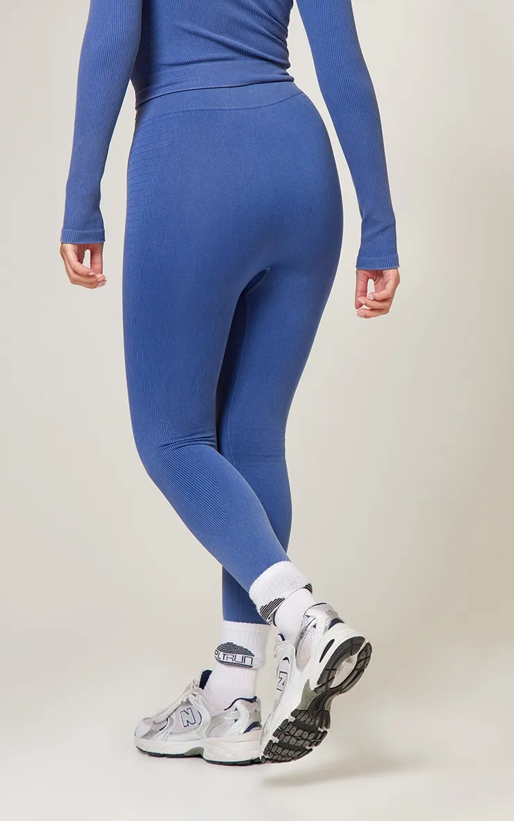PLT SPORT Navy Acid Wash Seamless Ribbed Leggings sold by Pretty Little Thing product image thumbnail 3