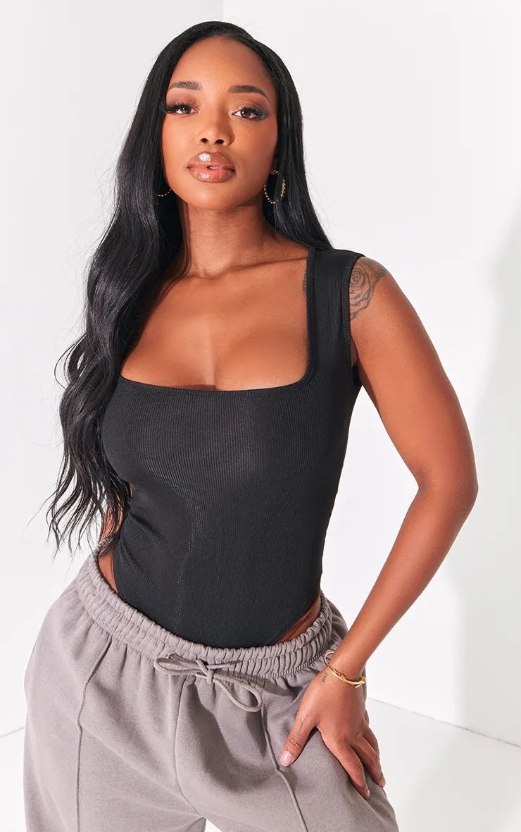 Shape Black Ribbed Square Neck Sleeveless Bodysuit sold by Pretty Little Thing