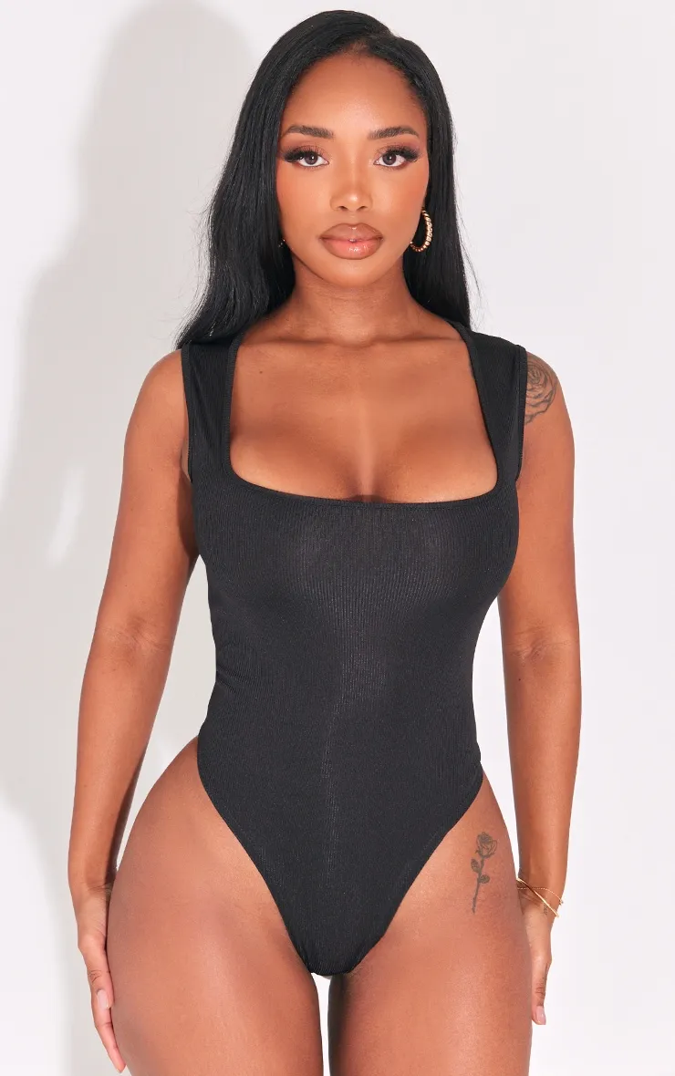 Shape Black Ribbed Square Neck Sleeveless Bodysuit sold by Pretty Little Thing product image thumbnail 2