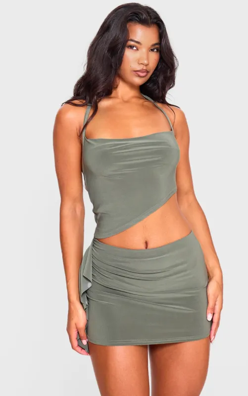 Khaki Skinny Cowl Halterneck Tie Crop Top sold by Pretty Little Thing
