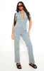 Light Blue Zip Up Racer Style Denim Jumpsuit sold by Pretty Little Thing