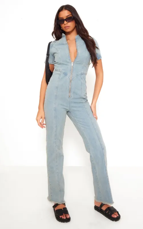 Light Blue Zip Up Racer Style Denim Jumpsuit sold by Pretty Little Thing