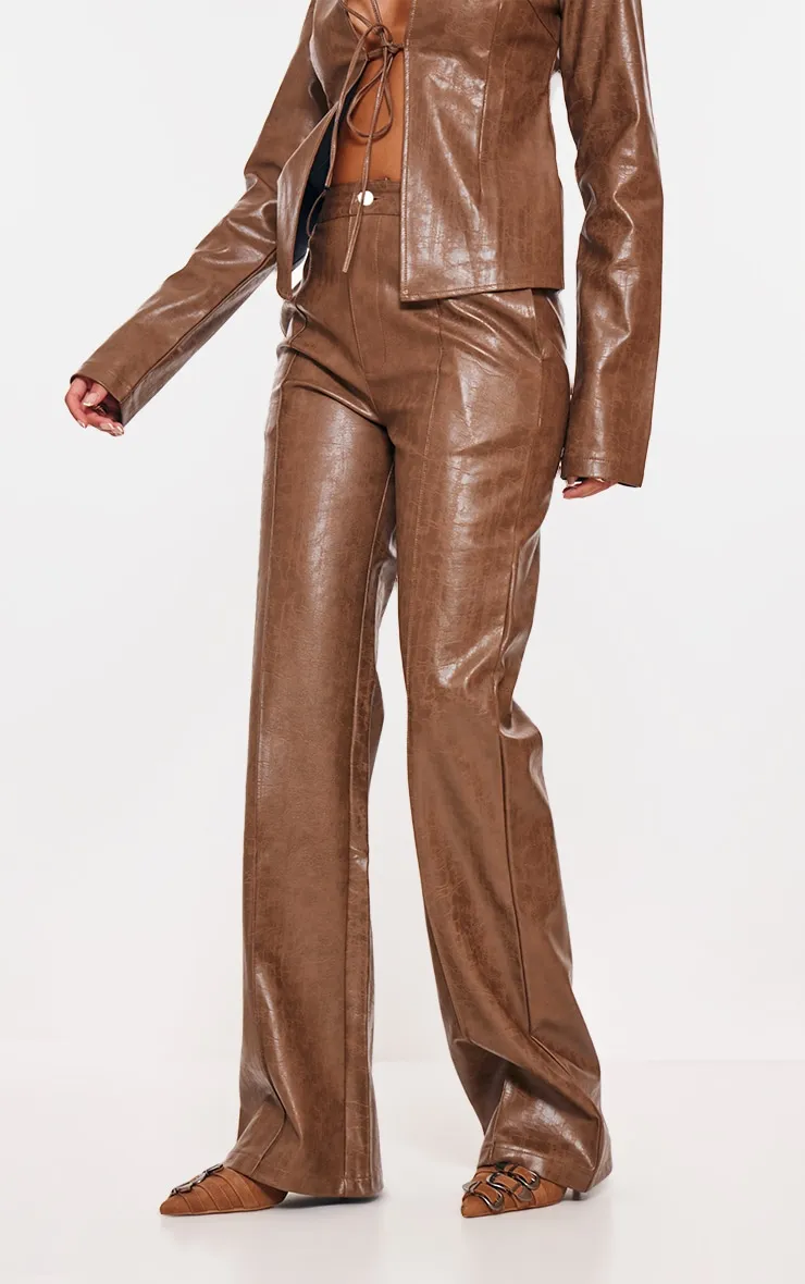 Tall Washed Brown Faux Leather Open Seam Straight Leg Trousers sold by Pretty Little Thing product image thumbnail 2