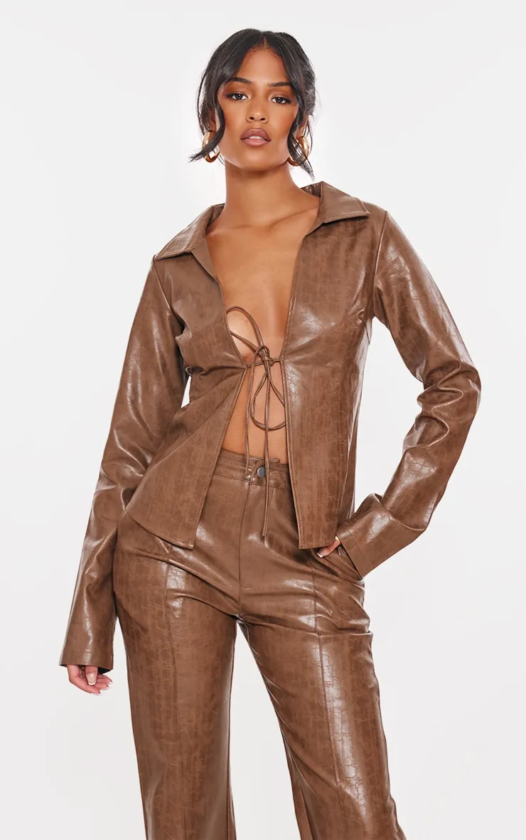 Tall Washed Brown Faux Leather Open Seam Straight Leg Trousers sold by Pretty Little Thing product image thumbnail 4