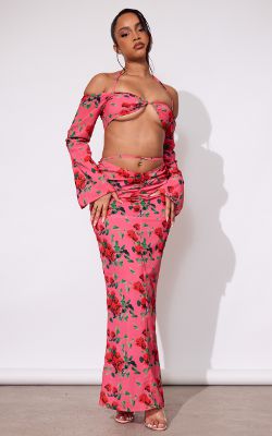 Petite Pink Floral Print Ruched Maxi Skirt sold by Pretty Little Thing