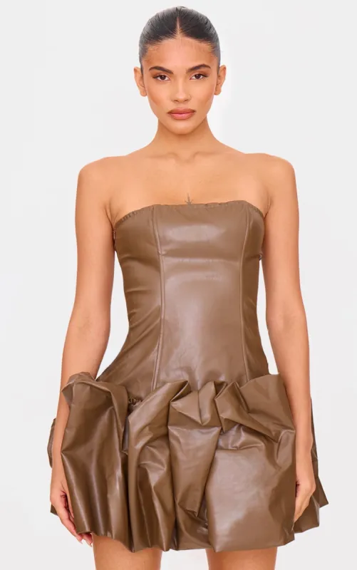Brown Faux Leather Bandeau Puffball Mini Dress sold by Pretty Little Thing