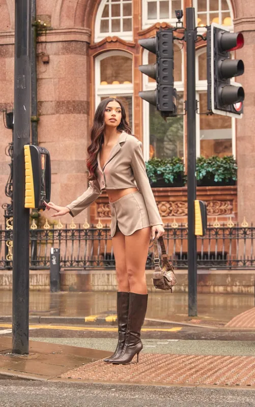 Taupe Woven Cropped Blazer sold by Pretty Little Thing