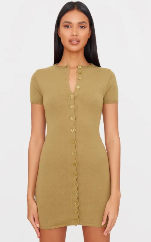 Khaki Soft Knit Button Through Mini Dress sold by Pretty Little Thing