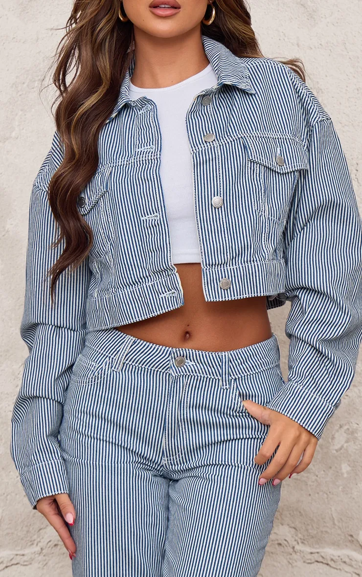 Blue Cropped Pinstripe Denim Jacket sold by Pretty Little Thing product image thumbnail 4