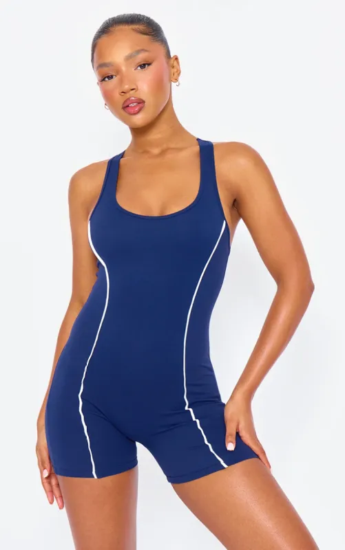 Navy Contour Sculpt Contrast Binding Scoop Neck Unitard sold by Pretty Little Thing