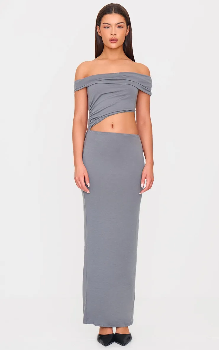 Charcoal Grey Soft Touch Bardot Cut Out Maxi Dress sold by Pretty Little Thing