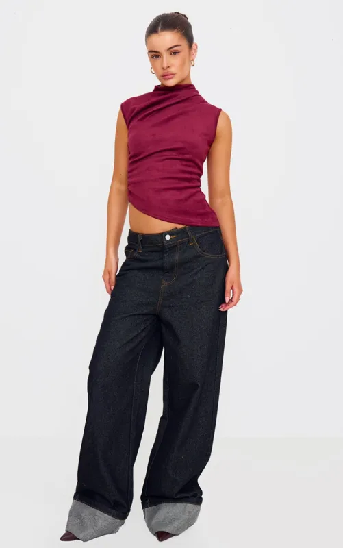 Burgundy Faux Suede High Neck Asymmetric Hem Long Top sold by Pretty Little Thing