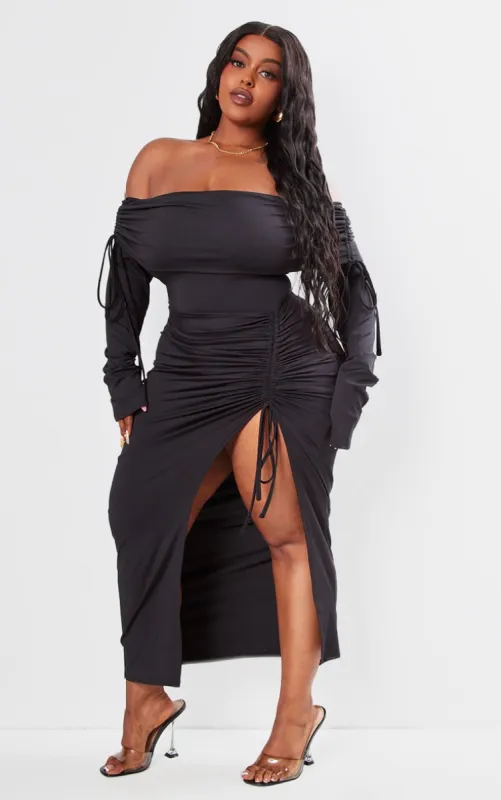 Plus Black Bardot Ruching Detail Midaxi Dress sold by Pretty Little Thing