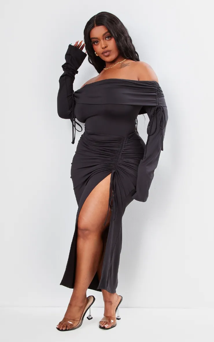 Plus Black Bardot Ruching Detail Midaxi Dress sold by Pretty Little Thing product image thumbnail 3