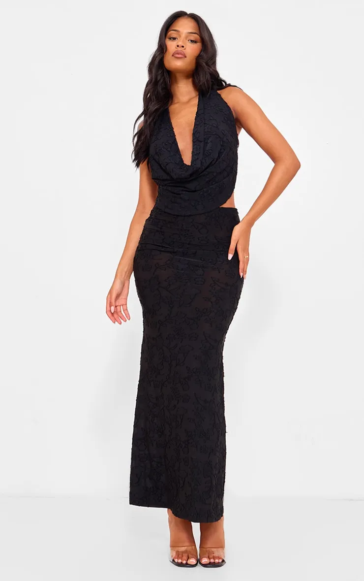 Tall Black Floral Sheer Burnout Low Rise Maxi Skirt sold by Pretty Little Thing