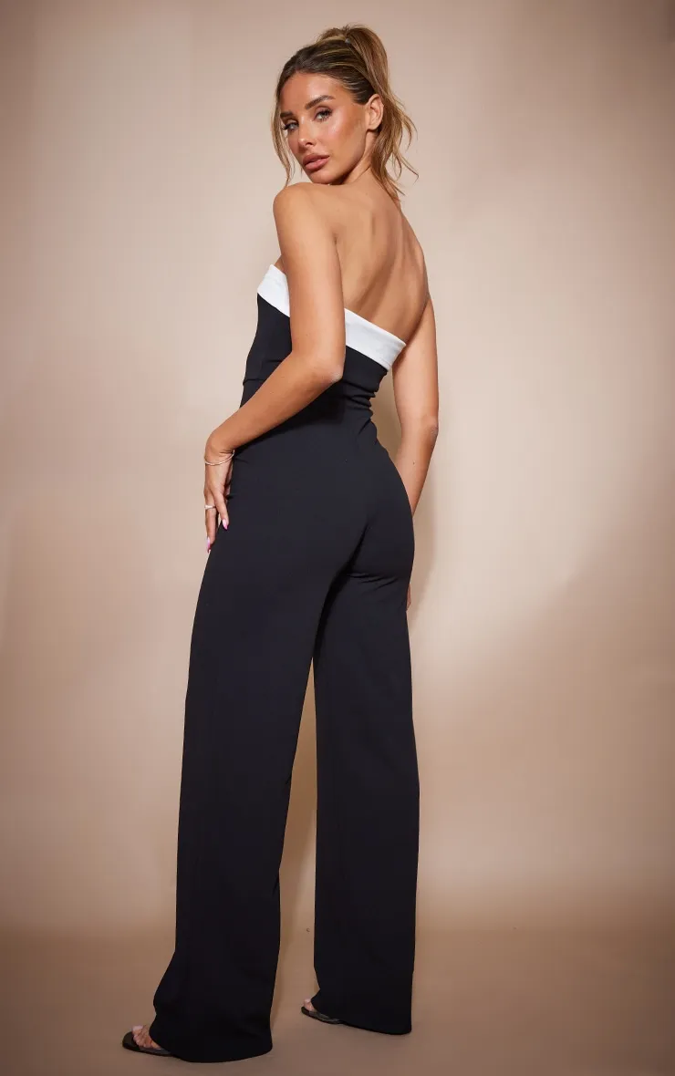 Black Crepe Contrast Fold Over Detail Wide Leg Jumpsuit sold by Pretty Little Thing product image thumbnail 2
