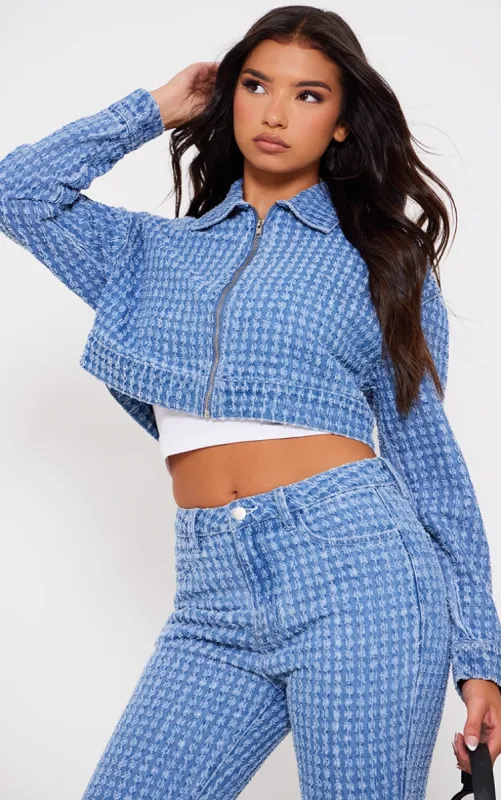 Light Blue Distressed Stripe Denim Jacket sold by Pretty Little Thing