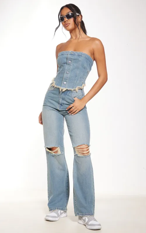 Mid Blue Wash Raw Edge Wide Leg Jeans sold by Pretty Little Thing