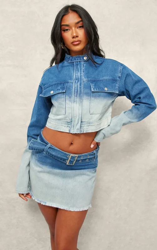 Blue Ombre Denim Pocket Cropped Jacket sold by Pretty Little Thing