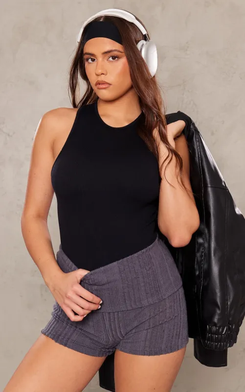 Black Structured Contour Racer Neck Ribbed Bodysuit sold by Pretty Little Thing