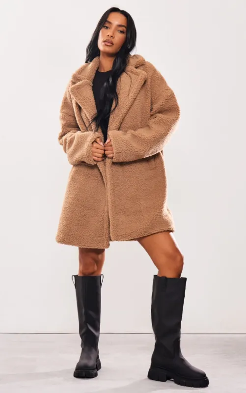 Camel Borg Lapel Drop Arm Midi Coat sold by Pretty Little Thing
