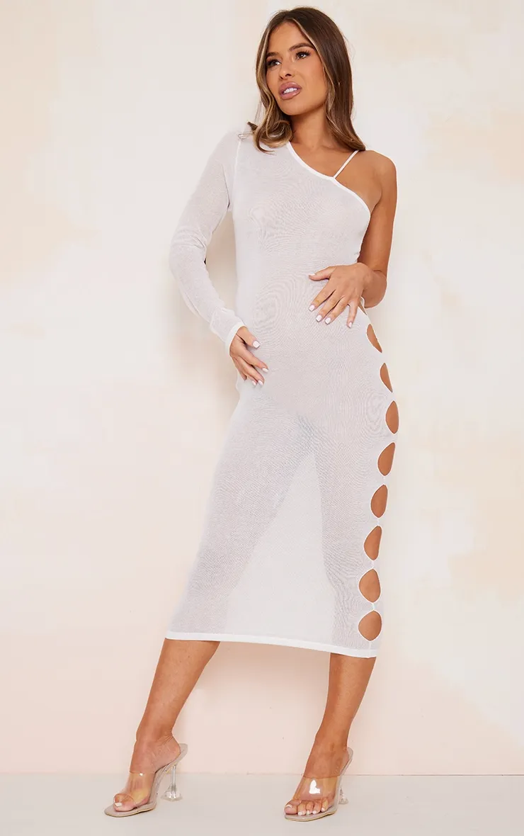 Maternity Cream Sheer Knitted One Shoulder Midi Dress sold by Pretty Little Thing