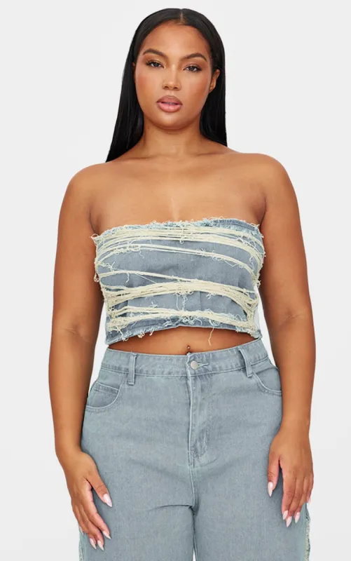 Plus Vintage Wash Extreme Fraying Detail Cropped Denim Corset Top sold by Pretty Little Thing