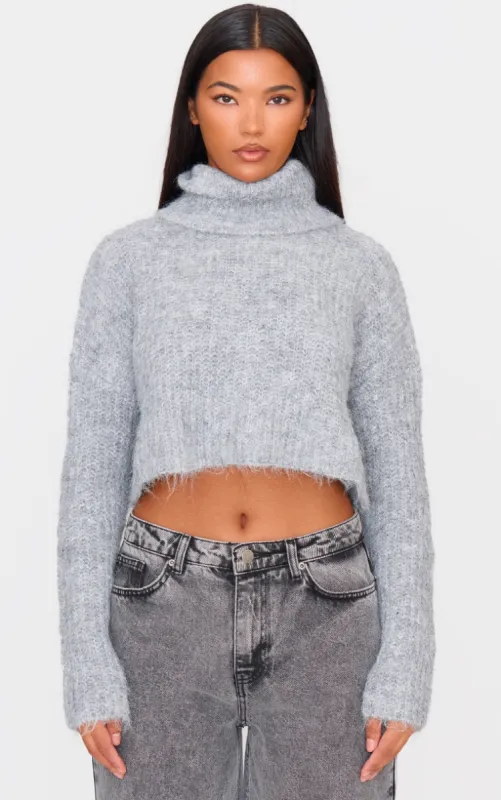 Grey Eyelash Knit High Neck Jumper sold by Pretty Little Thing