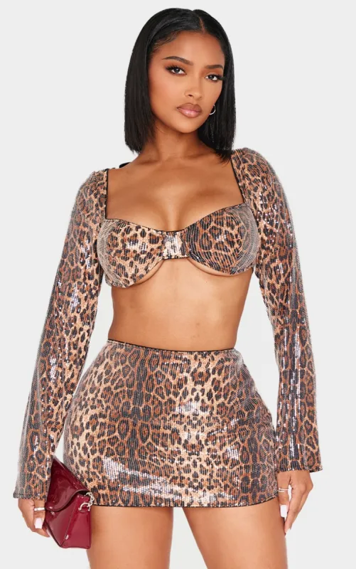 Shape Leopard Sequin Underwired Long Sleeve Top sold by Pretty Little Thing