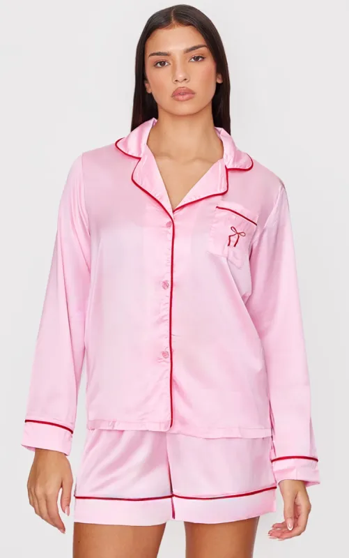 Pink Satin Embroidered Bow Short Pj Set sold by Pretty Little Thing