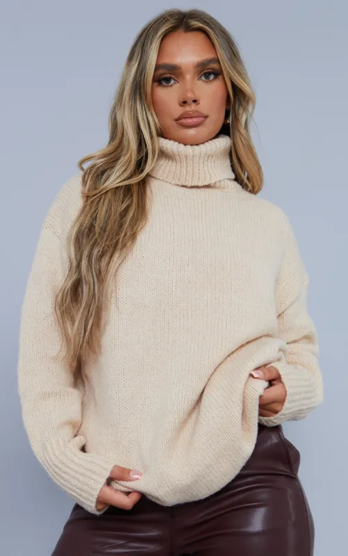 Stone Slouchy Longline Chunky Knitted Roll Neck Jumper sold by Pretty Little Thing