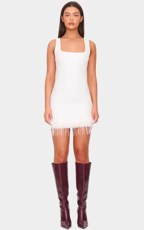 Cream Ribbed Feather Hem Bodycon Dress sold by Pretty Little Thing